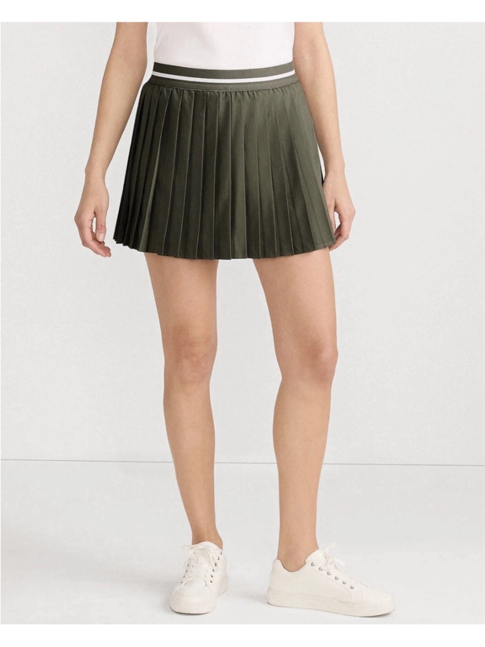 Lands' End Olive Green Pleated Mini Skort with Striped Waistband